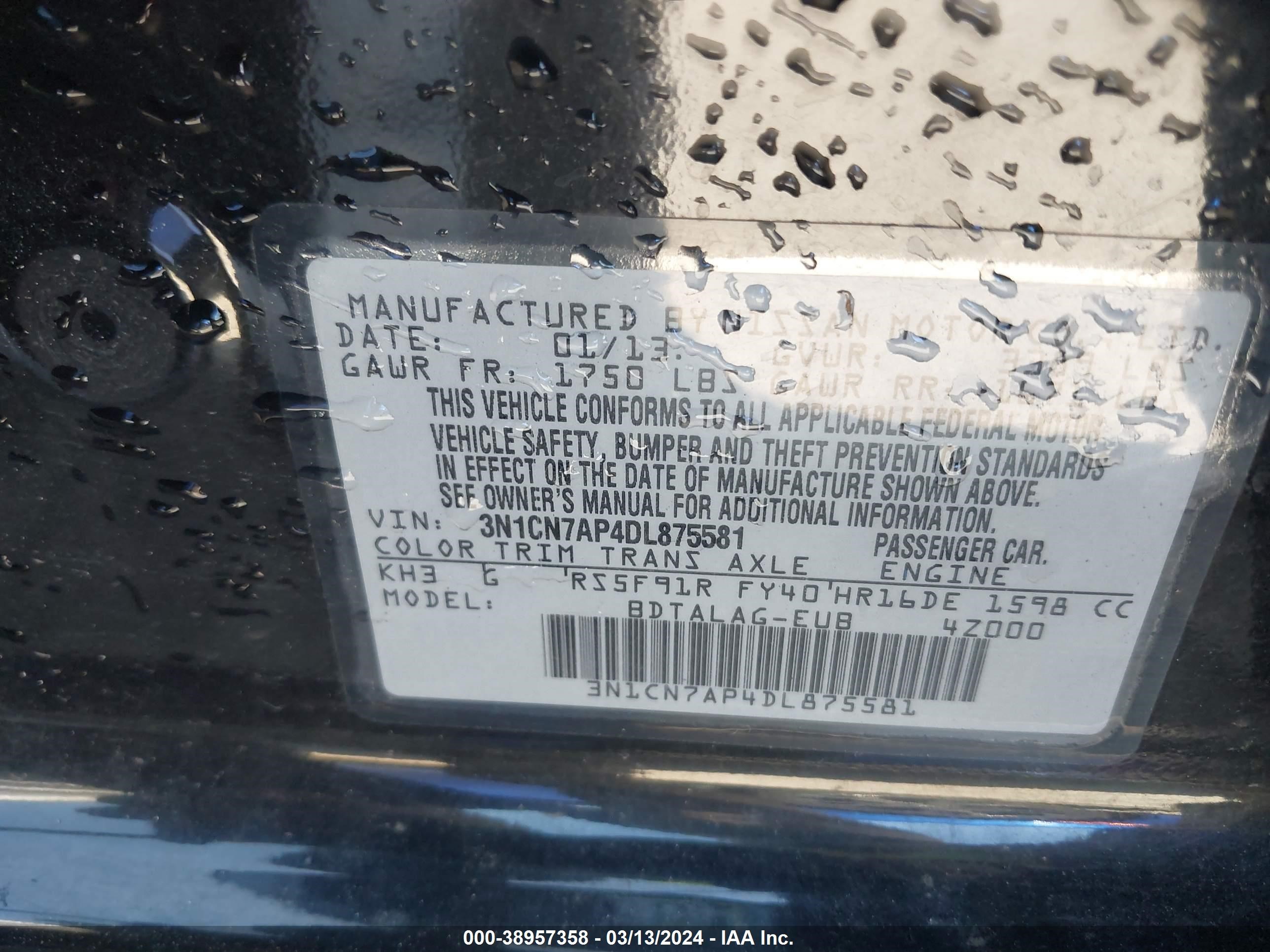 Photo 8 VIN: 3N1CN7AP4DL875581 - NISSAN VERSA 