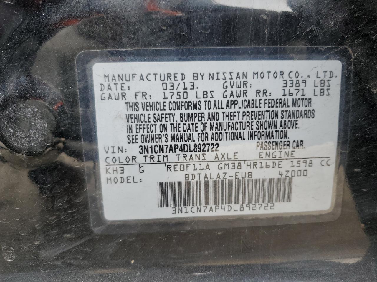 Photo 12 VIN: 3N1CN7AP4DL892722 - NISSAN VERSA 