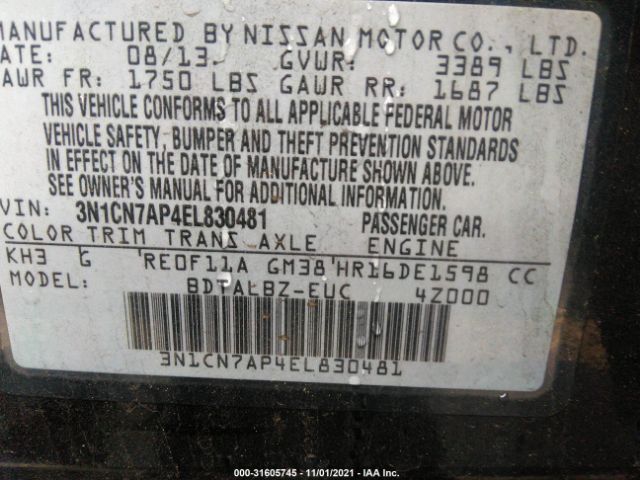 Photo 8 VIN: 3N1CN7AP4EL830481 - NISSAN VERSA 