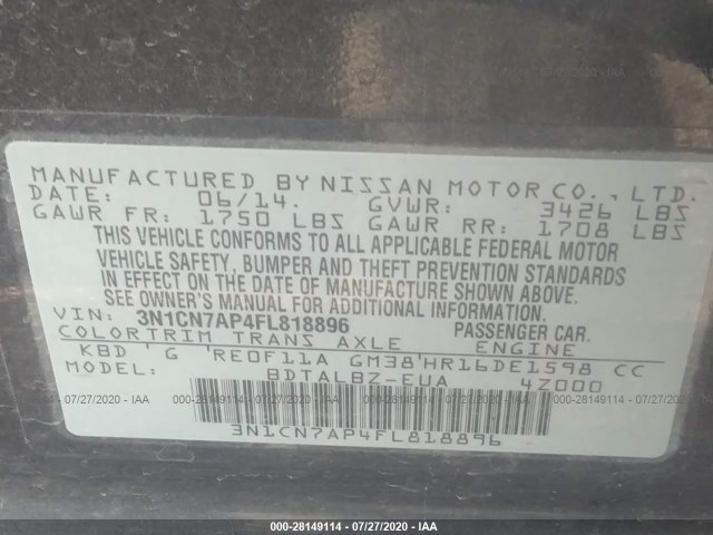 Photo 8 VIN: 3N1CN7AP4FL818896 - NISSAN VERSA 