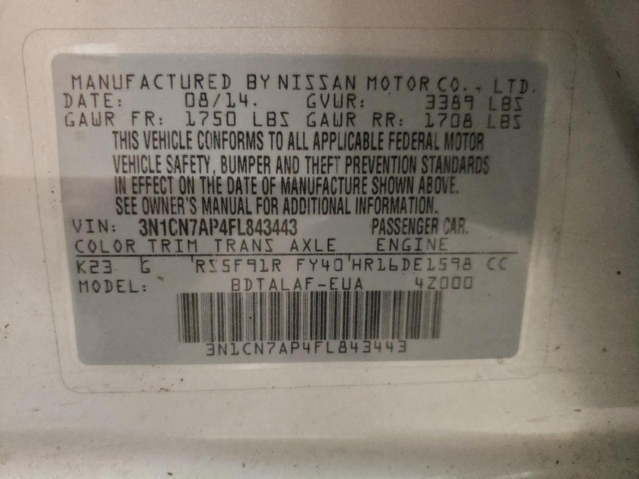 Photo 11 VIN: 3N1CN7AP4FL843443 - NISSAN VERSA 