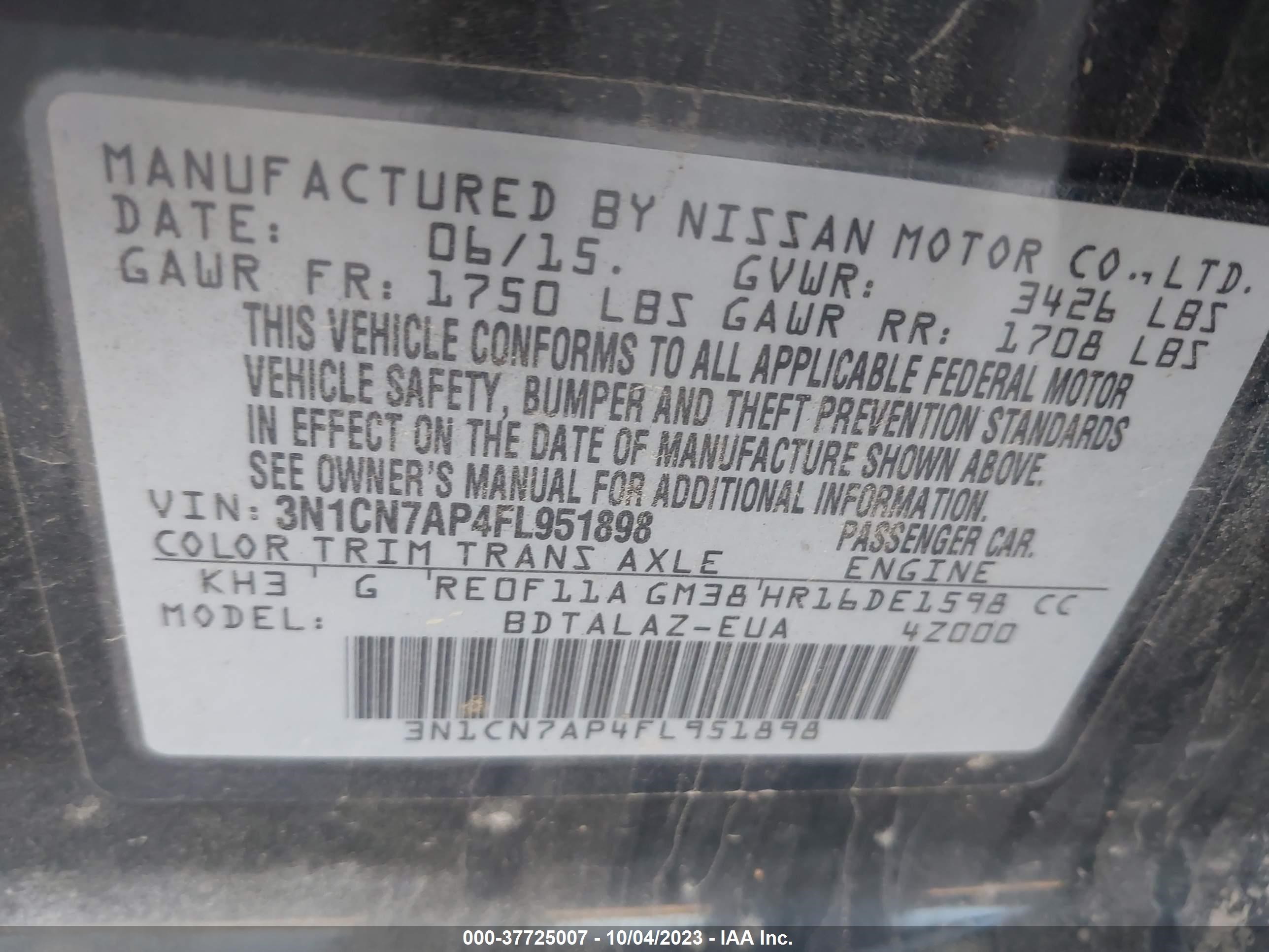 Photo 8 VIN: 3N1CN7AP4FL951898 - NISSAN VERSA 