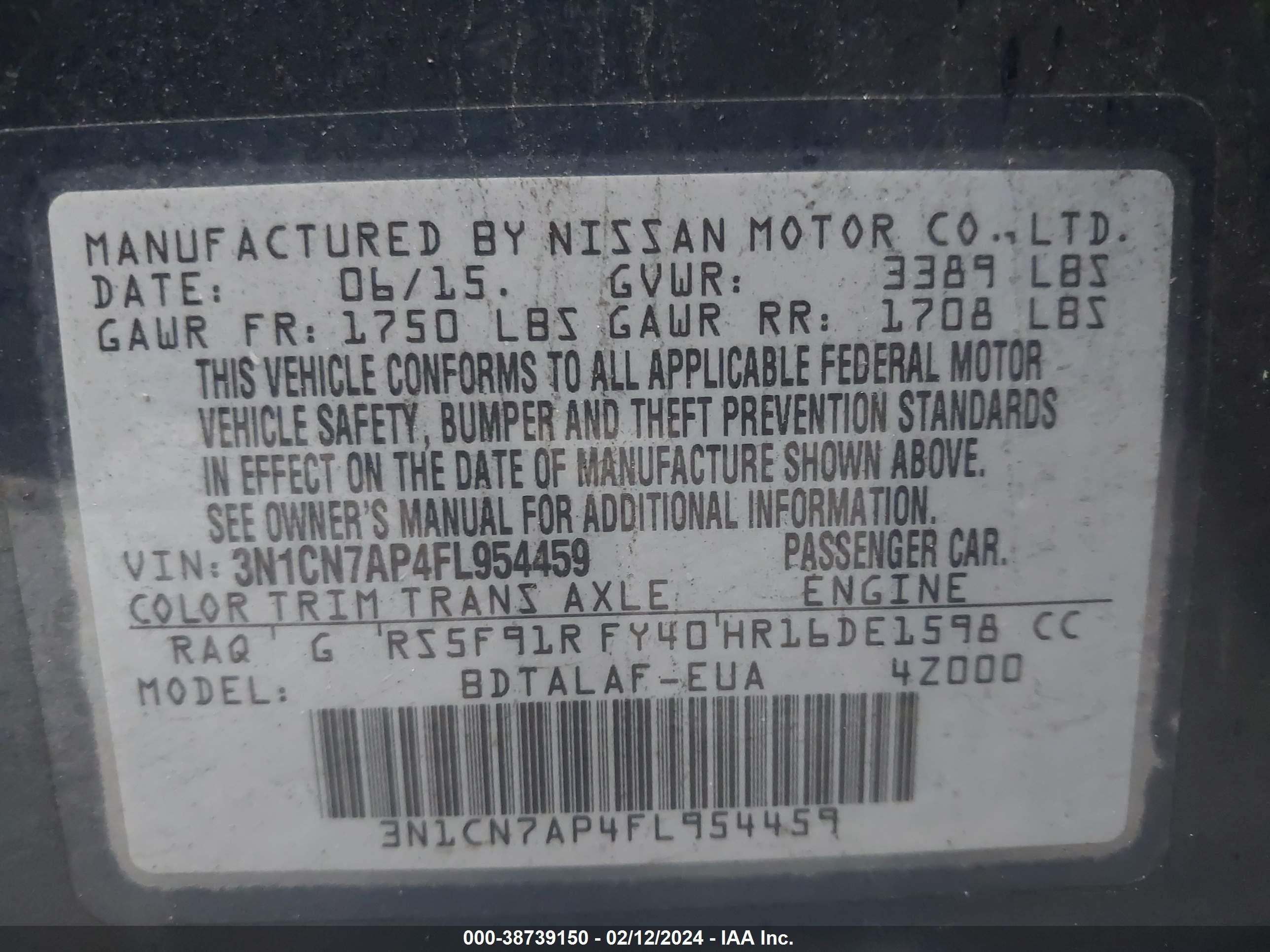 Photo 8 VIN: 3N1CN7AP4FL954459 - NISSAN VERSA 