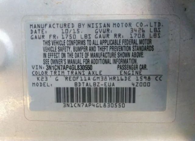 Photo 8 VIN: 3N1CN7AP4GL830550 - NISSAN VERSA 