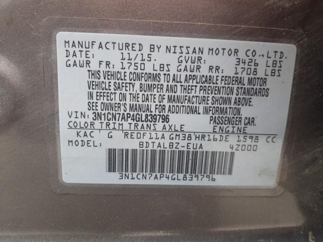 Photo 9 VIN: 3N1CN7AP4GL839796 - NISSAN VERSA S 