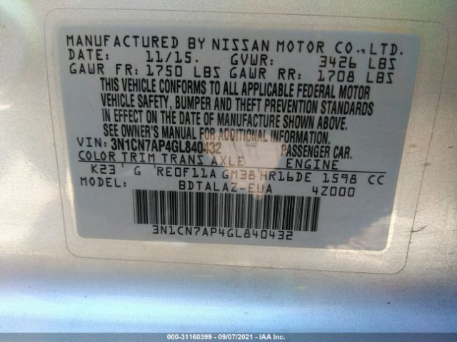 Photo 8 VIN: 3N1CN7AP4GL840432 - NISSAN VERSA 