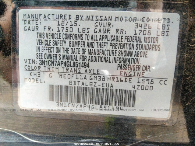 Photo 8 VIN: 3N1CN7AP4GL851494 - NISSAN VERSA 