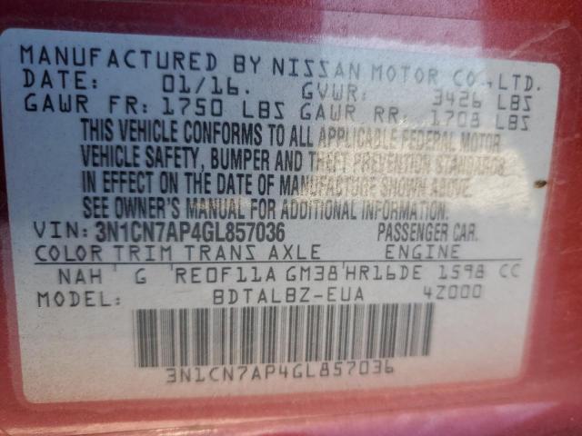 Photo 12 VIN: 3N1CN7AP4GL857036 - NISSAN VERSA 