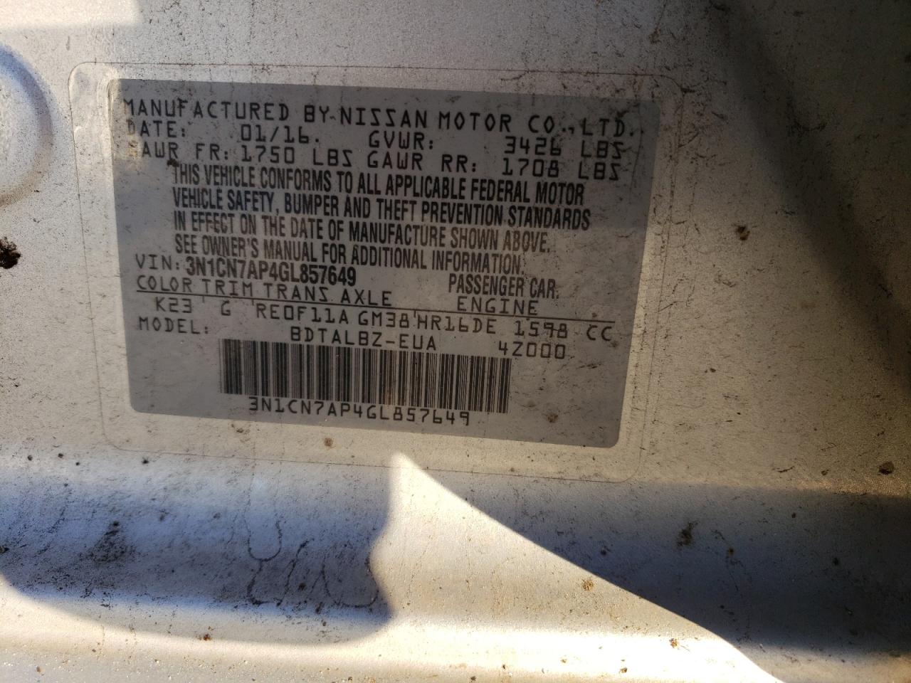 Photo 11 VIN: 3N1CN7AP4GL857649 - NISSAN VERSA 