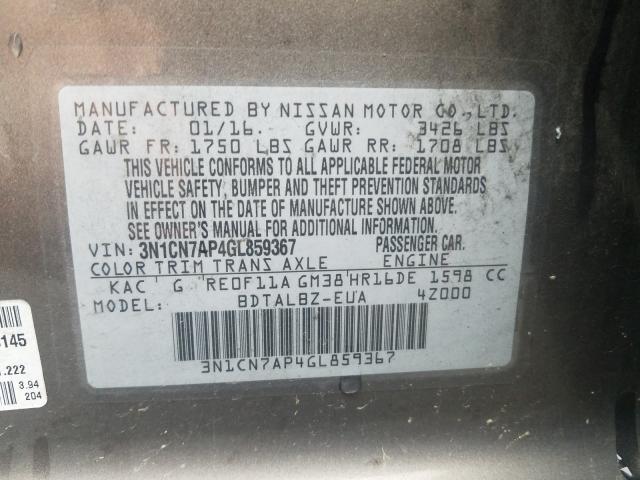 Photo 9 VIN: 3N1CN7AP4GL859367 - NISSAN VERSA S 