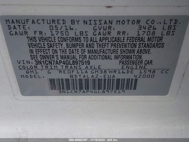 Photo 8 VIN: 3N1CN7AP4GL897519 - NISSAN VERSA 