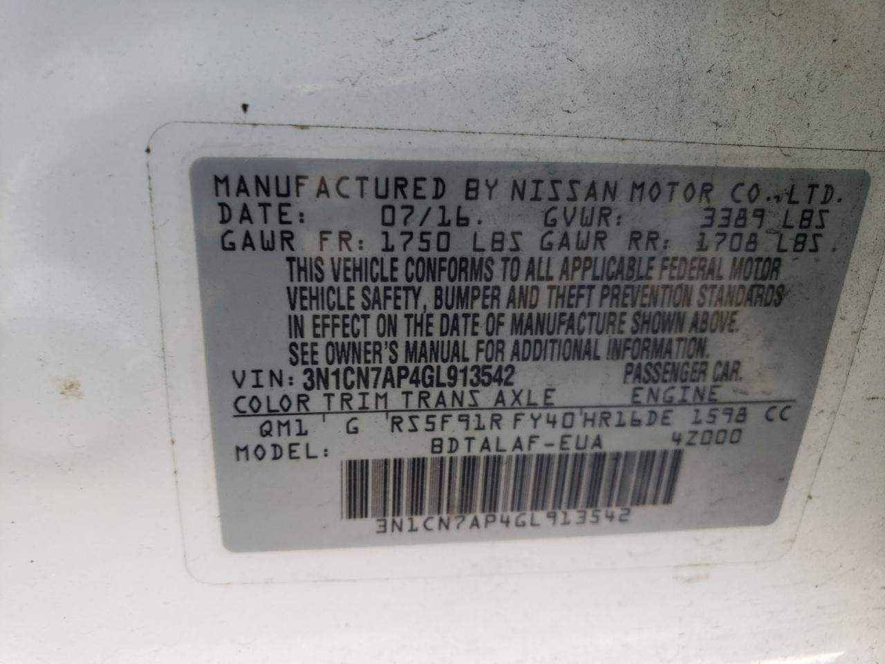 Photo 12 VIN: 3N1CN7AP4GL913542 - NISSAN VERSA 