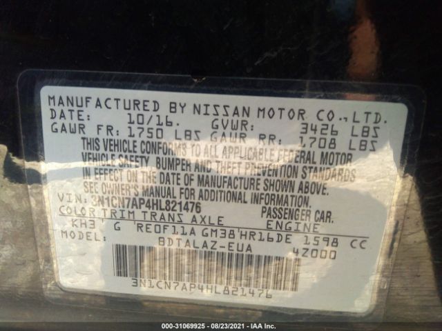 Photo 8 VIN: 3N1CN7AP4HL821476 - NISSAN VERSA SEDAN 