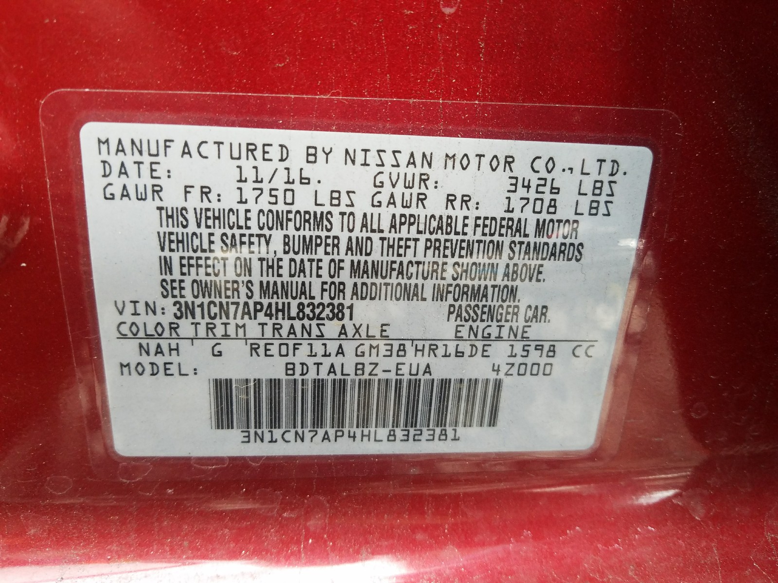 Photo 9 VIN: 3N1CN7AP4HL832381 - NISSAN VERSA S 