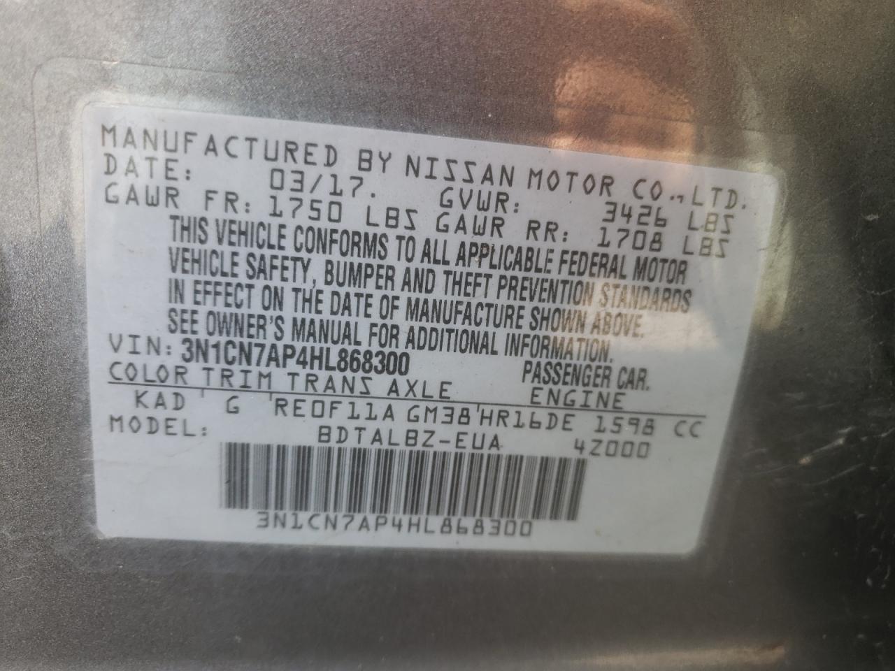 Photo 12 VIN: 3N1CN7AP4HL868300 - NISSAN VERSA 