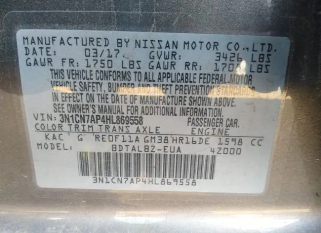 Photo 8 VIN: 3N1CN7AP4HL869558 - NISSAN VERSA SEDAN 