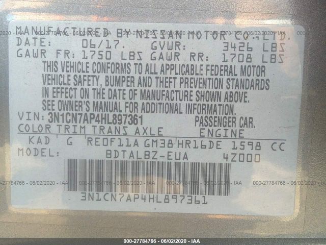 Photo 8 VIN: 3N1CN7AP4HL897361 - NISSAN VERSA SEDAN 