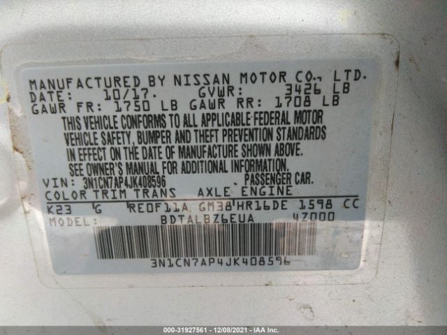 Photo 8 VIN: 3N1CN7AP4JK408596 - NISSAN VERSA SEDAN 