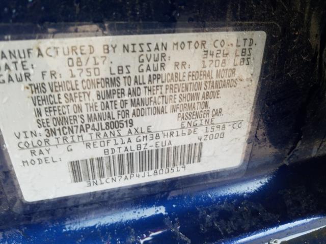 Photo 9 VIN: 3N1CN7AP4JL800519 - NISSAN VERSA S 