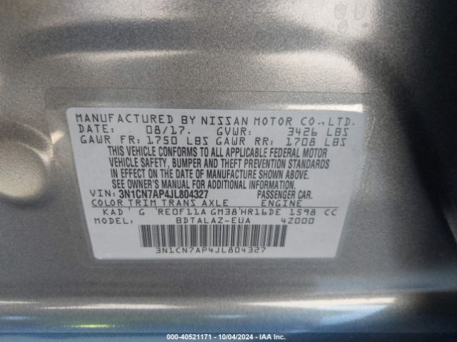 Photo 8 VIN: 3N1CN7AP4JL804327 - NISSAN VERSA 