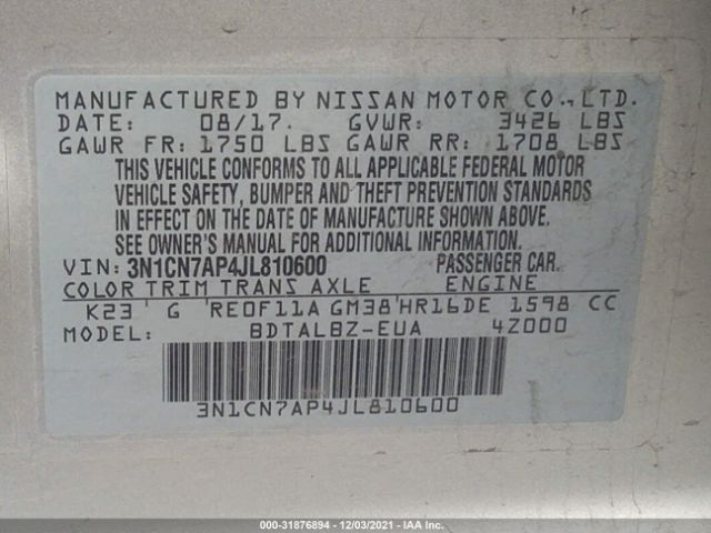 Photo 8 VIN: 3N1CN7AP4JL810600 - NISSAN VERSA SEDAN 