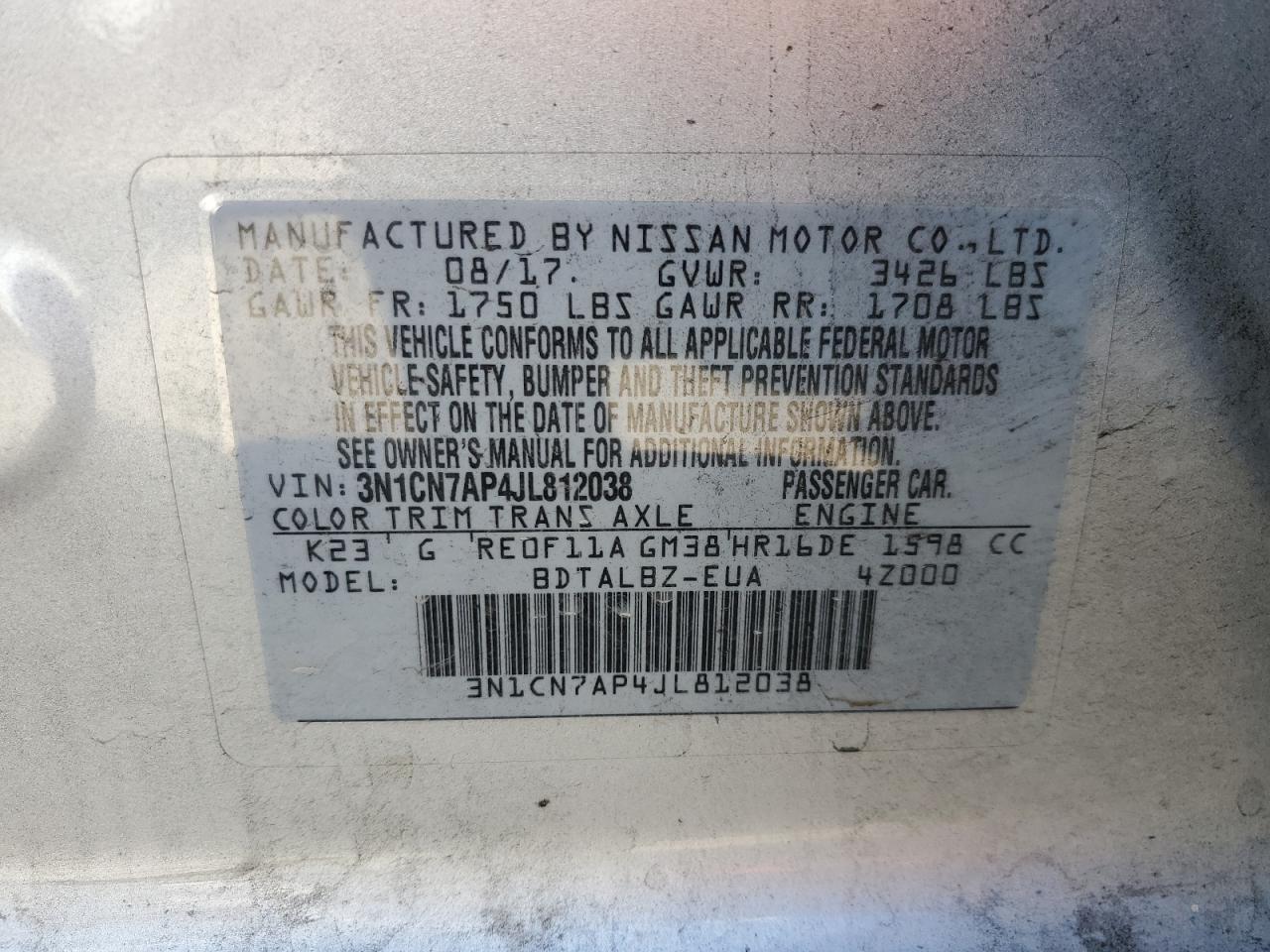 Photo 11 VIN: 3N1CN7AP4JL812038 - NISSAN VERSA 