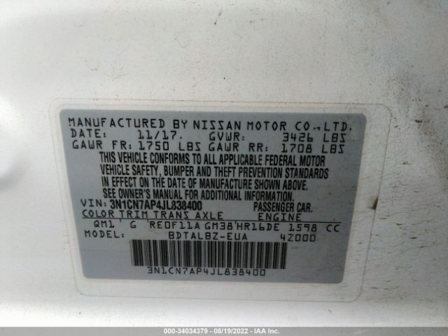 Photo 8 VIN: 3N1CN7AP4JL838400 - NISSAN VERSA SEDAN 