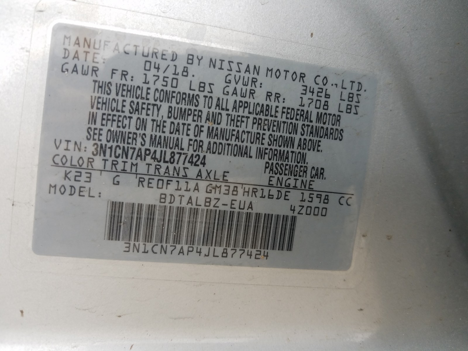 Photo 9 VIN: 3N1CN7AP4JL877424 - NISSAN VERSA S 