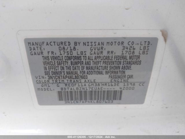 Photo 8 VIN: 3N1CN7AP4KL807603 - NISSAN VERSA 