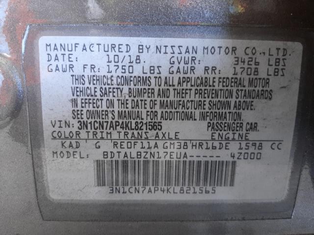 Photo 9 VIN: 3N1CN7AP4KL821565 - NISSAN VERSA S 