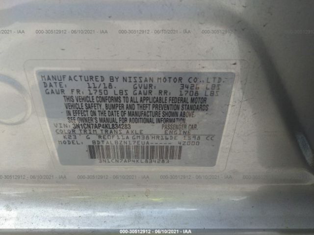 Photo 8 VIN: 3N1CN7AP4KL834283 - NISSAN VERSA SEDAN 