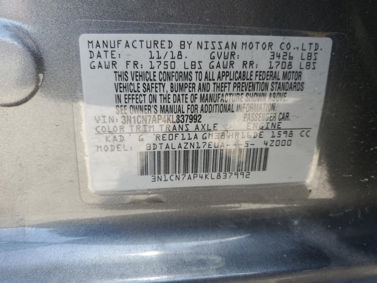 Photo 11 VIN: 3N1CN7AP4KL837992 - NISSAN VERSA 