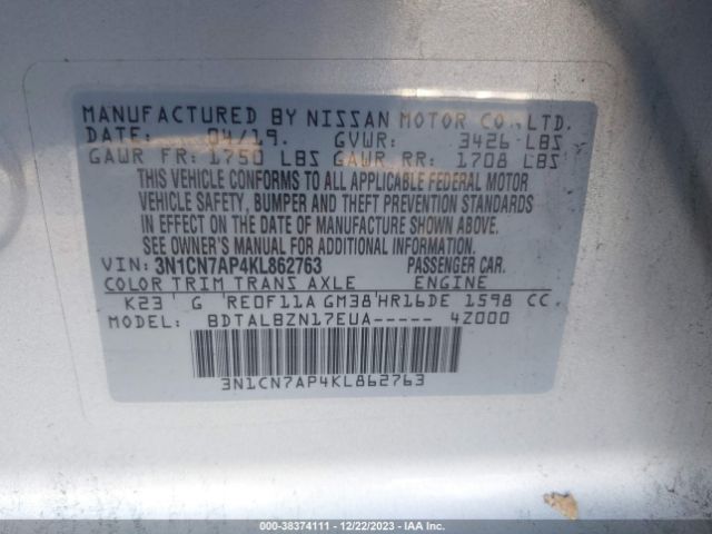 Photo 8 VIN: 3N1CN7AP4KL862763 - NISSAN VERSA 