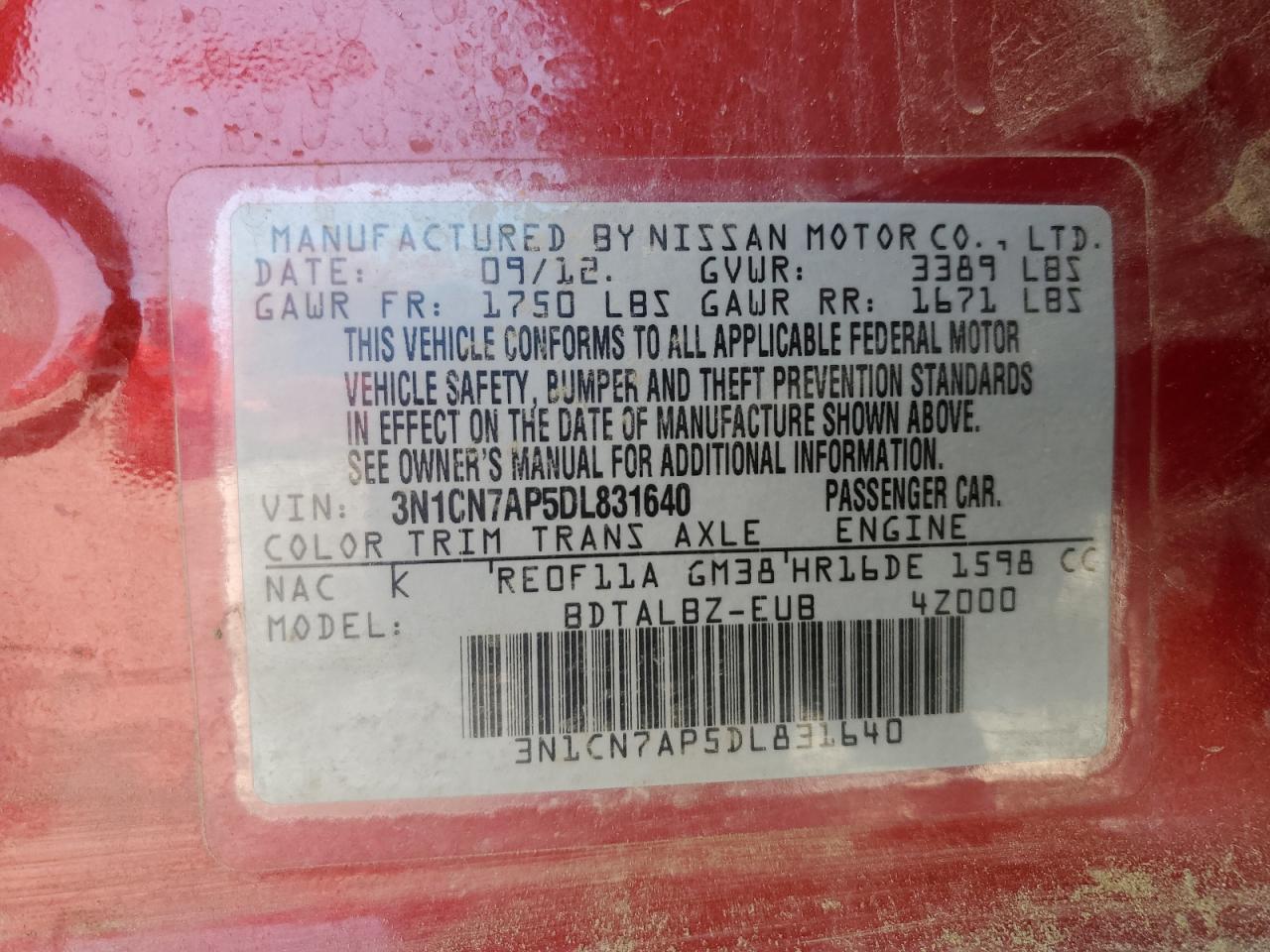 Photo 11 VIN: 3N1CN7AP5DL831640 - NISSAN VERSA 