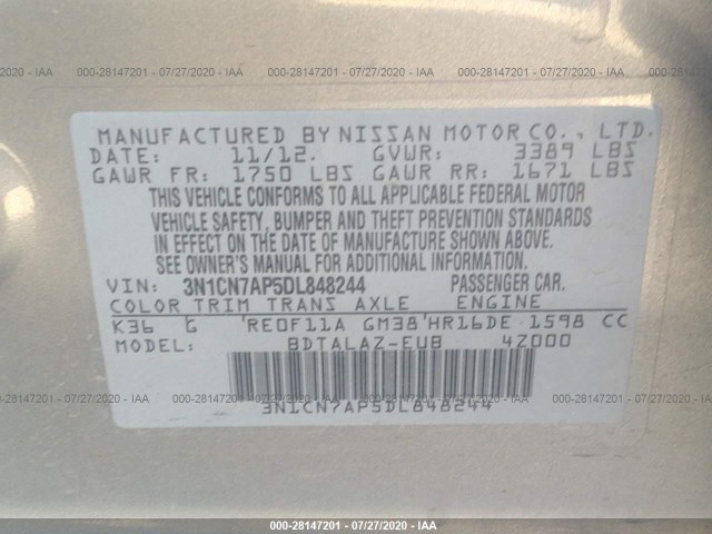 Photo 8 VIN: 3N1CN7AP5DL848244 - NISSAN VERSA 