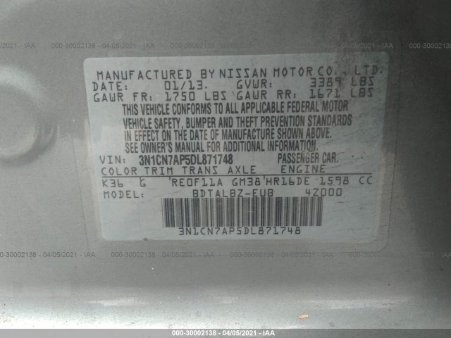 Photo 8 VIN: 3N1CN7AP5DL871748 - NISSAN VERSA 