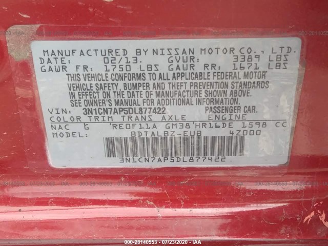 Photo 8 VIN: 3N1CN7AP5DL877422 - NISSAN VERSA 