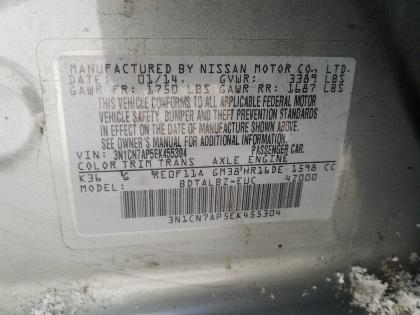 Photo 9 VIN: 3N1CN7AP5EK455304 - NISSAN VERSA S 