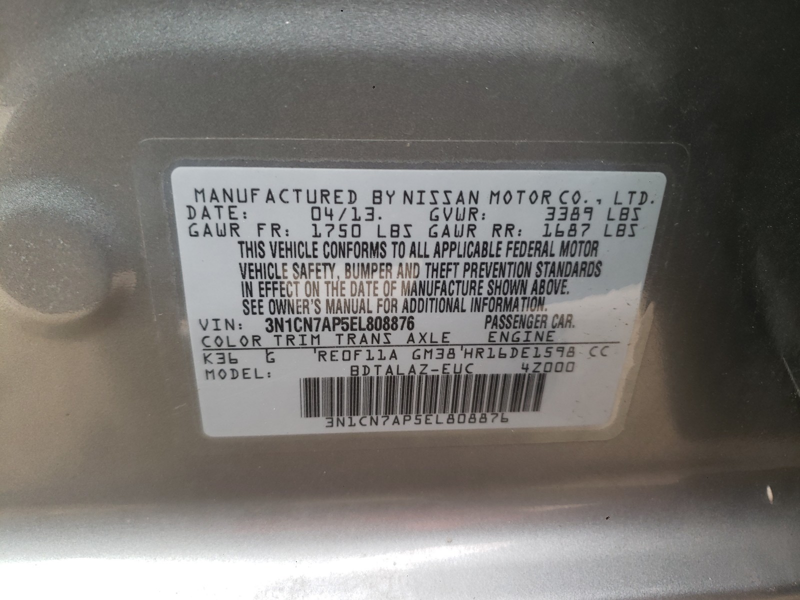 Photo 9 VIN: 3N1CN7AP5EL808876 - NISSAN VERSA S 