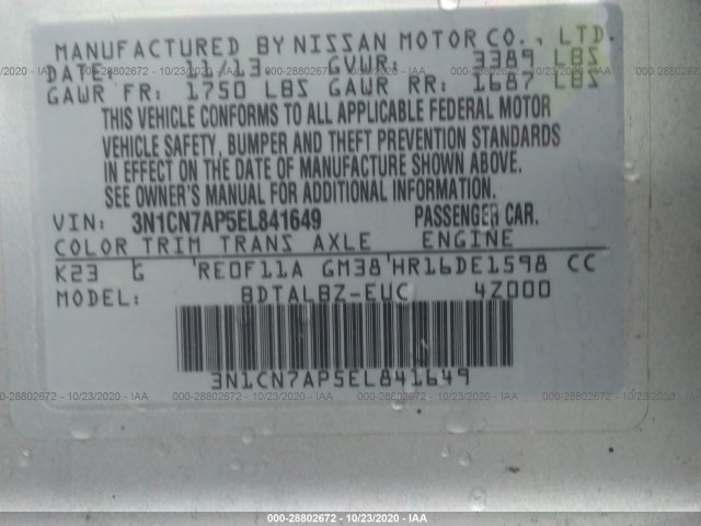 Photo 8 VIN: 3N1CN7AP5EL841649 - NISSAN VERSA 