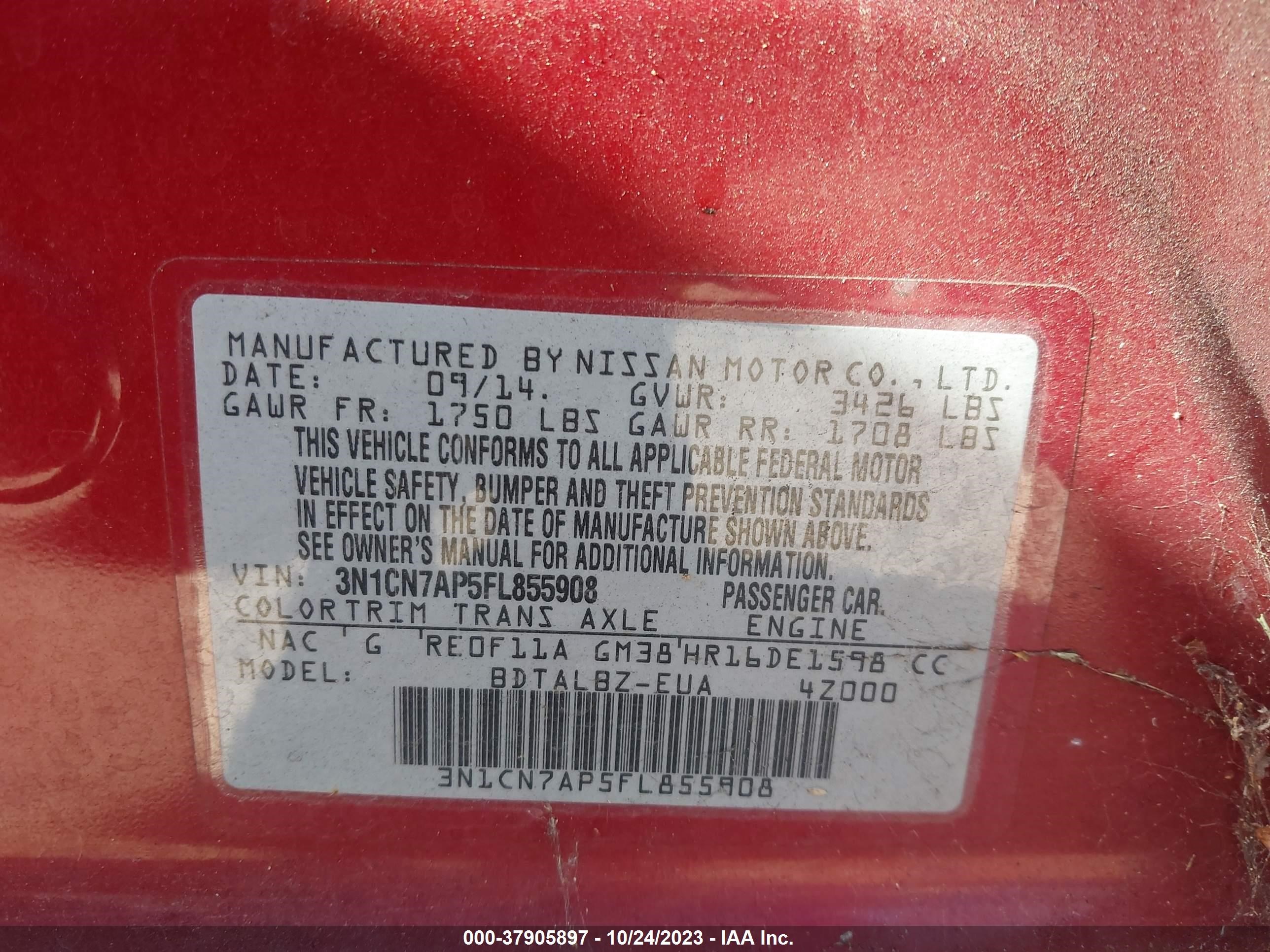 Photo 8 VIN: 3N1CN7AP5FL855908 - NISSAN VERSA 