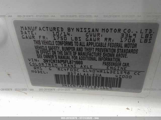 Photo 8 VIN: 3N1CN7AP5FL871669 - NISSAN VERSA 