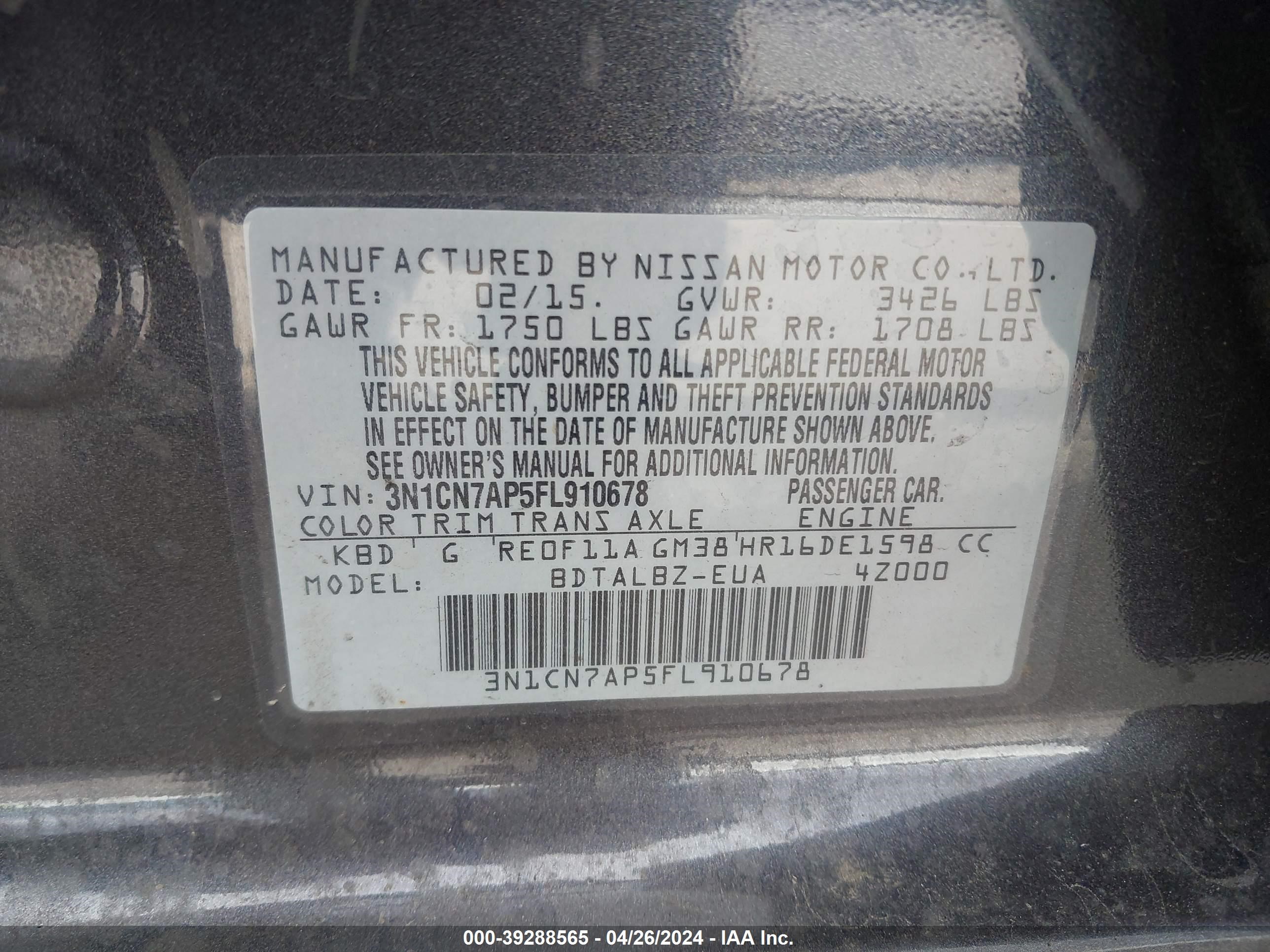 Photo 8 VIN: 3N1CN7AP5FL910678 - NISSAN VERSA 