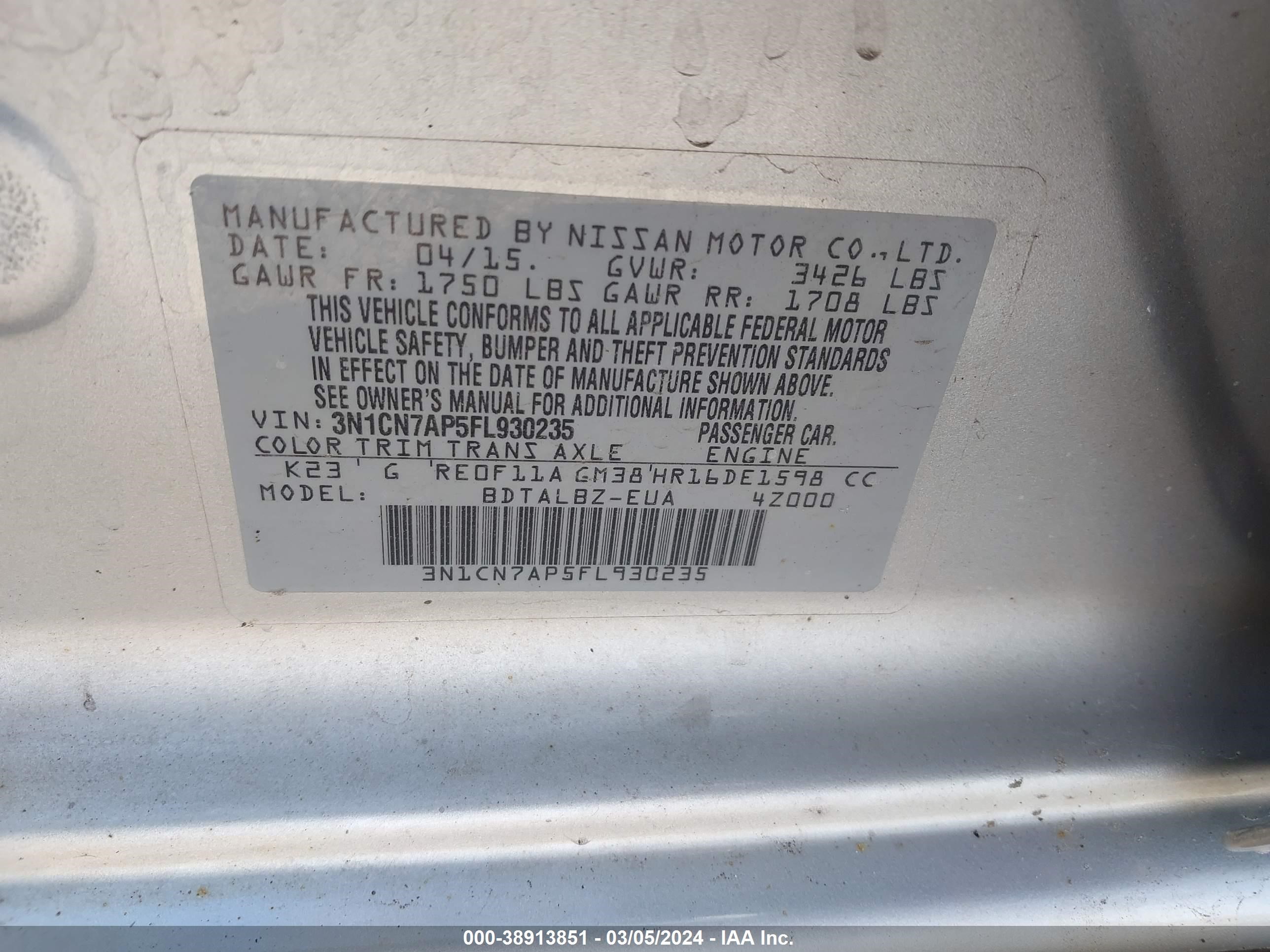 Photo 8 VIN: 3N1CN7AP5FL930235 - NISSAN VERSA 