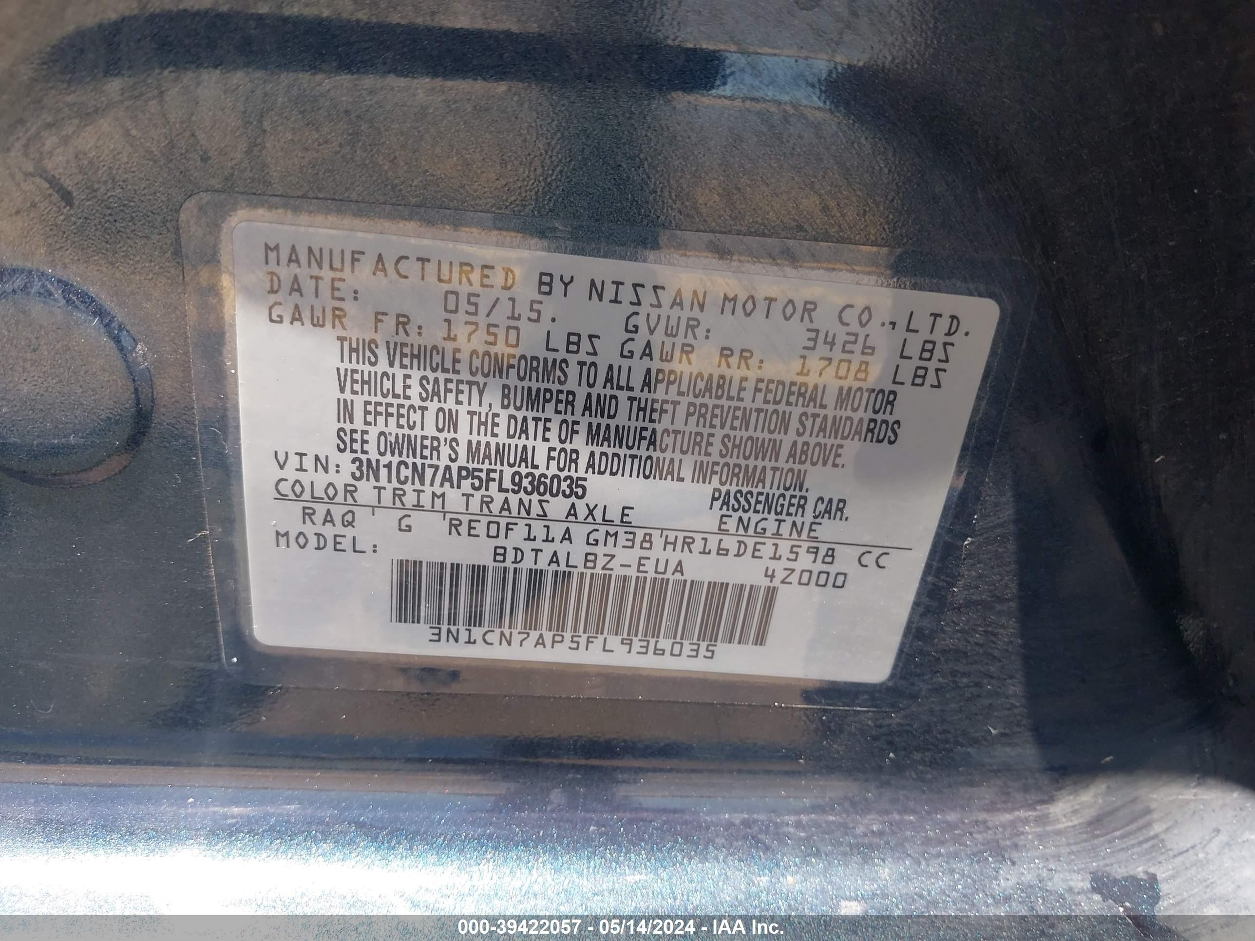 Photo 8 VIN: 3N1CN7AP5FL936035 - NISSAN VERSA 