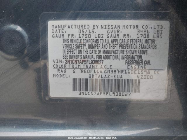 Photo 8 VIN: 3N1CN7AP5FL938027 - NISSAN VERSA 