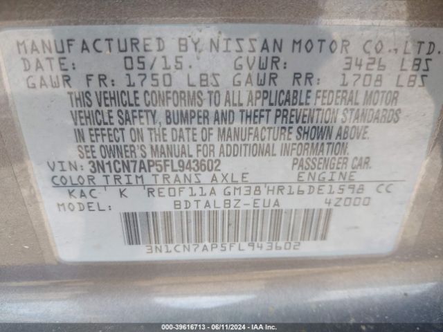 Photo 8 VIN: 3N1CN7AP5FL943602 - NISSAN VERSA 