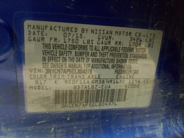 Photo 9 VIN: 3N1CN7AP5GL804376 - NISSAN VERSA S 