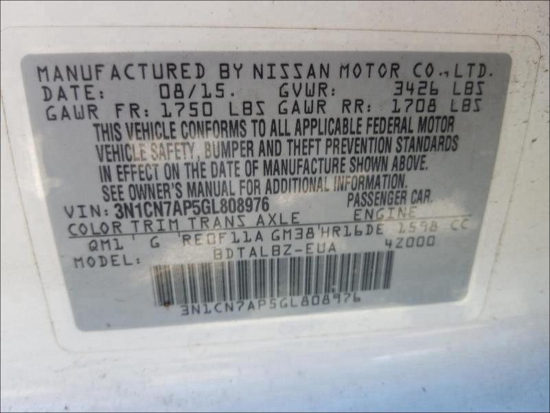 Photo 9 VIN: 3N1CN7AP5GL808976 - NISSAN VERSA S 