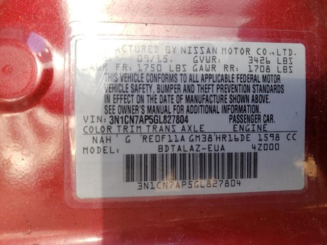 Photo 12 VIN: 3N1CN7AP5GL827804 - NISSAN VERSA S 